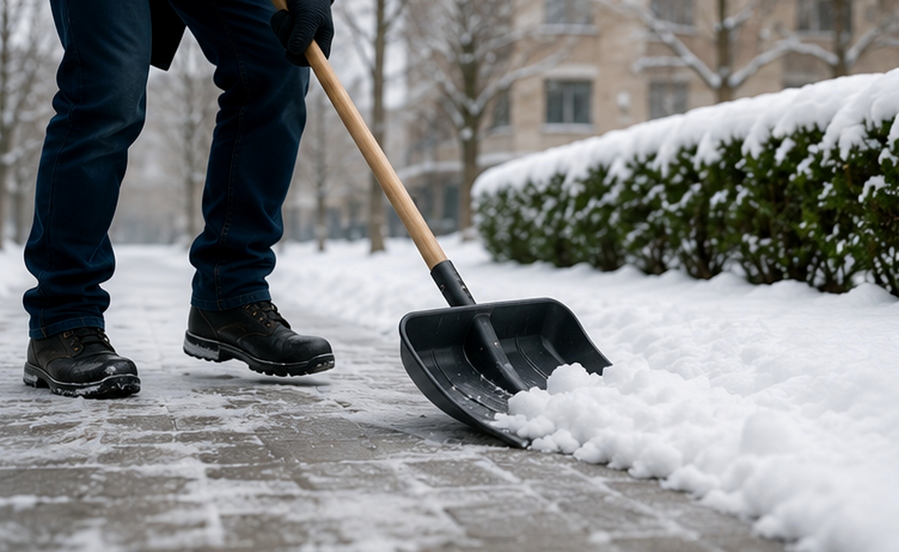 Winterdienst in Stuttgart mit Schneeschieber auf Gehweg